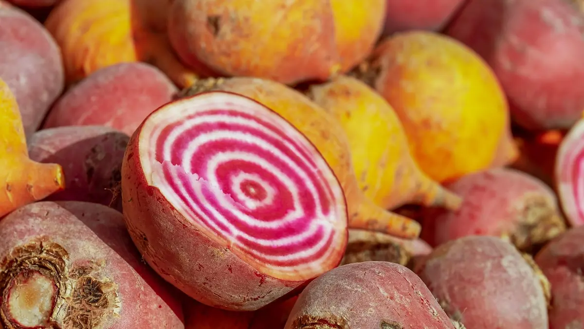 Remolachas de varios colores apiladas, una cortada por la mitad que muestra anillos rosados y blancos