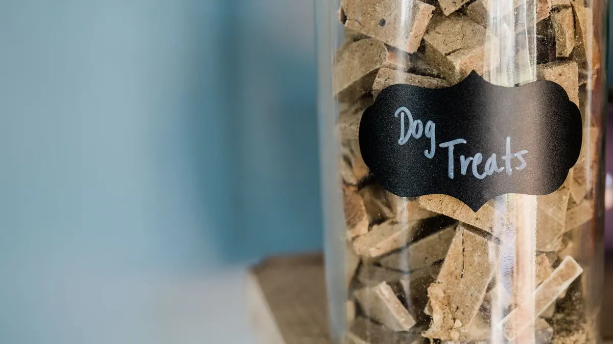 Un frasco de vidrio alto lleno de galletas para perros, con una etiqueta de pizarra que dice Dog Treats