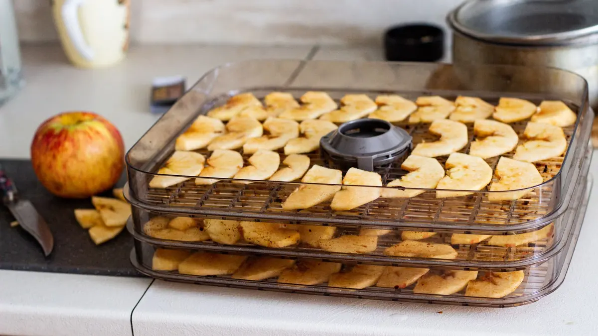 Tres bandejas apiladas de un deshidratador con rodajas de manzana, sobre una encimera de cocina, con una manzana entera y un cuchillo a la izquierda