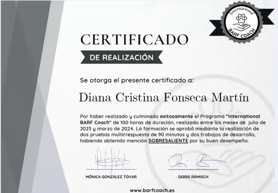 Certificado de Diana Fonseca en international BARF coach
