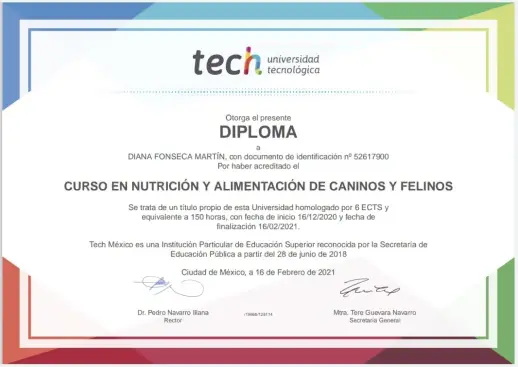 Curso en Nutrición y Alimentación de Caninos y Felinos en TECH, cursado por Diana Fonseca