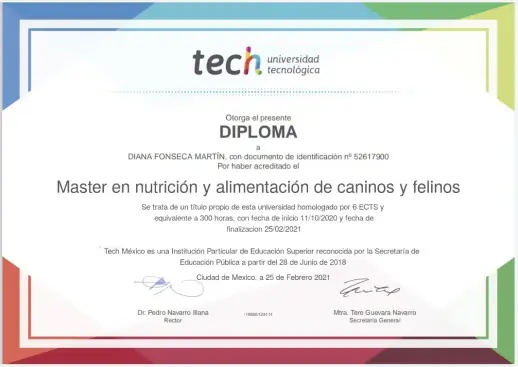 Máster en Nutrición y Alimentación de Caninos y Felinos en TECH, cursado por Diana Fonseca