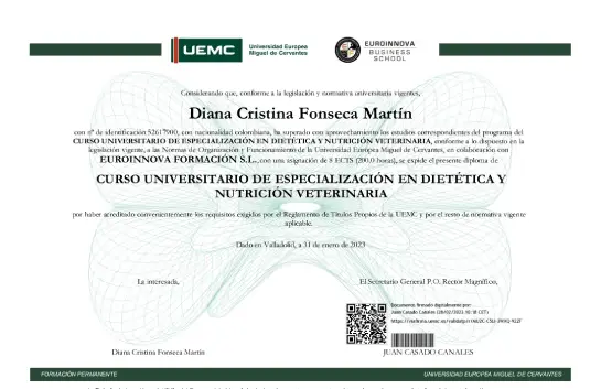 Título de Diana Fonseca en el Curso Universitario de Especialización en Dietética y Nutrición Veterinaria por la UEMC